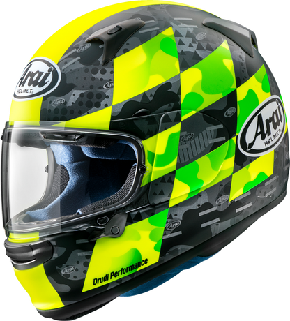 Yellow Arai Helmets Regent-X motorcycle helmet with patch, large size, featuring detailed design and branding on the front.