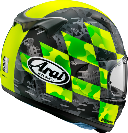 Yellow ARAI Helmets Regent-X helmet with VAS Shield system, medium size, showcasing the sleek design and safety features.