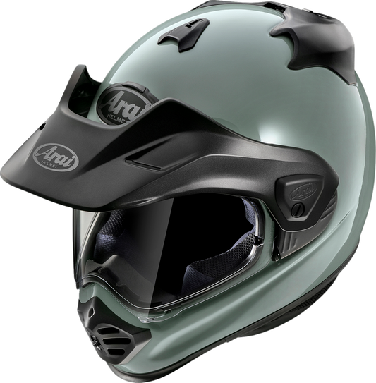 Arai XD-5 Mojave Sage motorcycle helmet with advanced ventilation and VAS-A shield system, large size, detailed close-up.