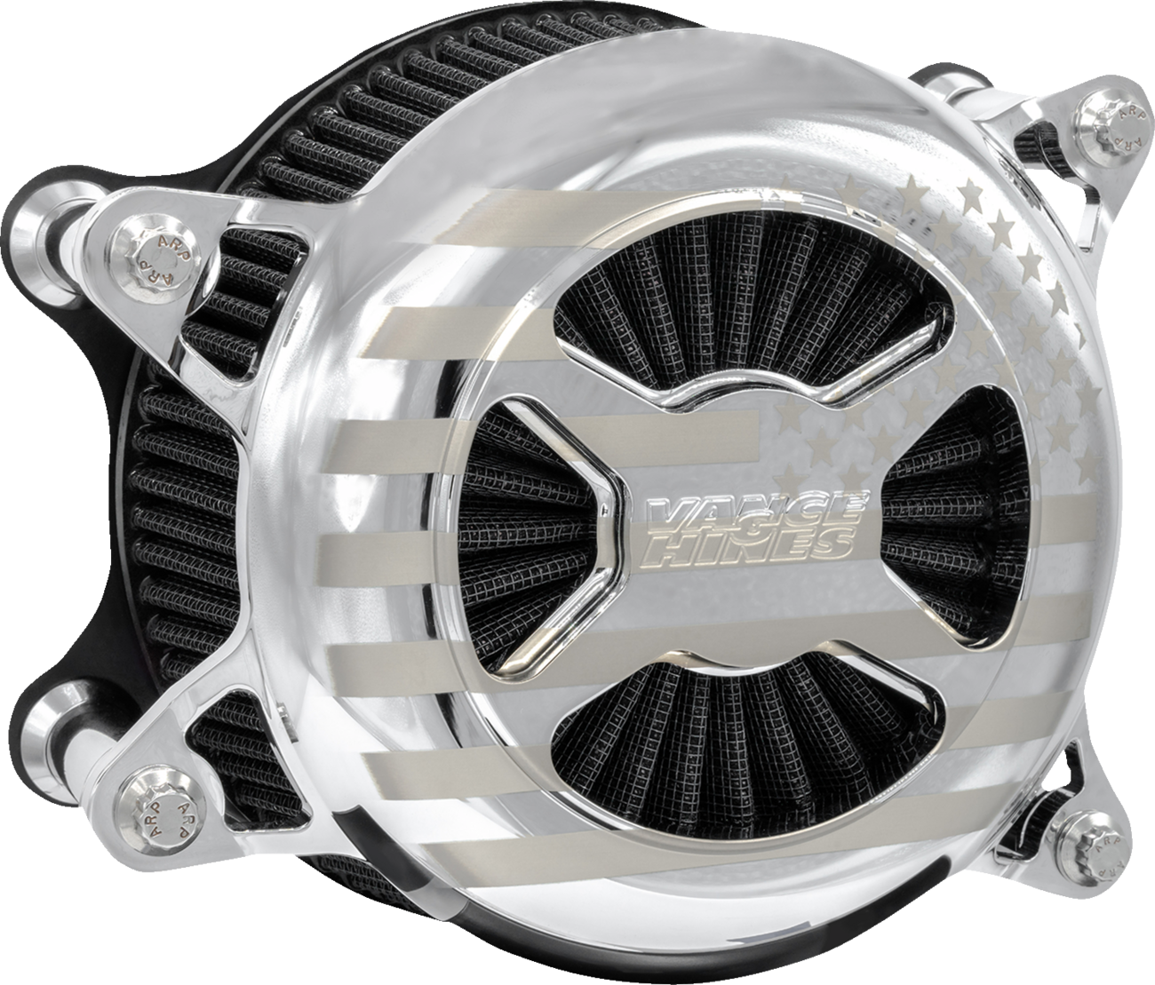 Vance & Hines VO2 America Air Intake Kit in chrome, motorcycle air intake with polished chrome finish and branded design.
