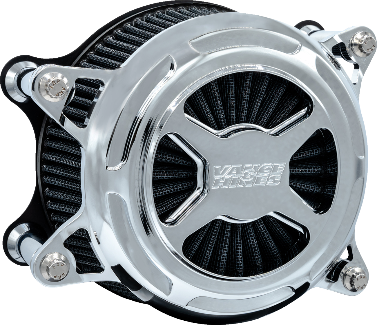 VANCE & HINES VO2 X air intake kit in chrome finish for motorcycle engine, featuring sleek, aerodynamic design and branding.