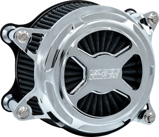 VANCE & HINES VO2 X air intake kit in chrome finish for motorcycle engine, featuring sleek, aerodynamic design and branding.
