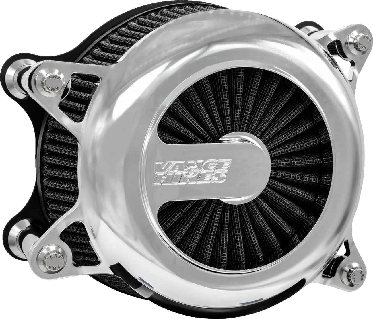 VANCE & HINES VO2 Rogue Air Intake Kit in chrome for motorcycle, showing shiny chrome finish and sleek design on a black background