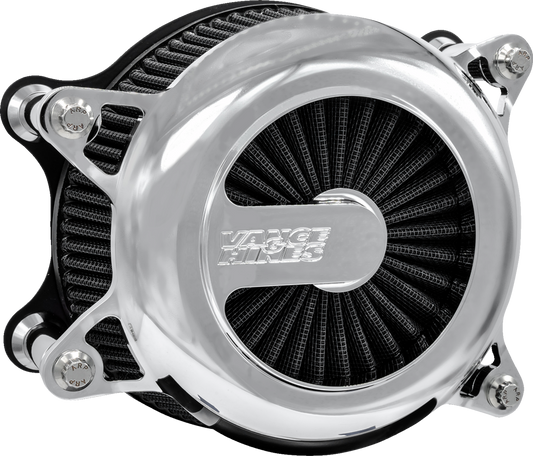 VANCE & HINES VO2 Rogue Air Intake Kit in chrome for motorcycle, showing shiny chrome finish and sleek design on a black background