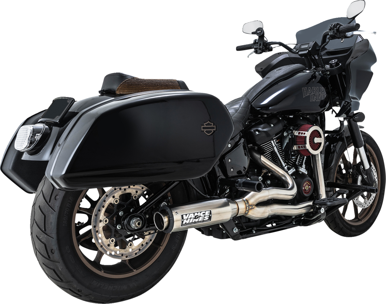 Vance & Hines Supersport 2-Into-1 motorcycle exhaust system with brushed finish for Harley Softail models.