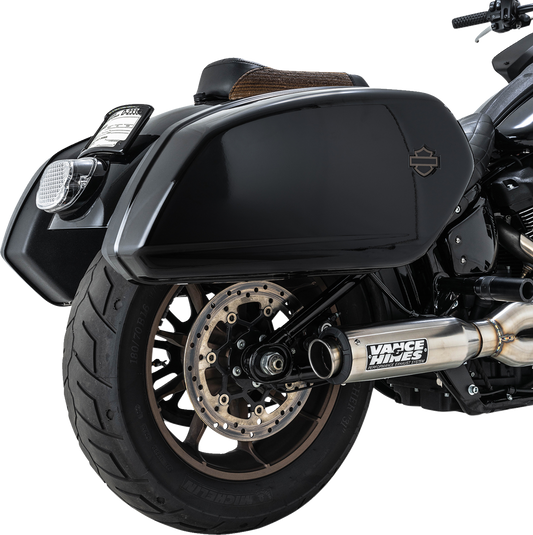 VANCE & HINES Supersport 2-Into-1 motorcycle exhaust system with brushed finish for Softail motorcycles.
