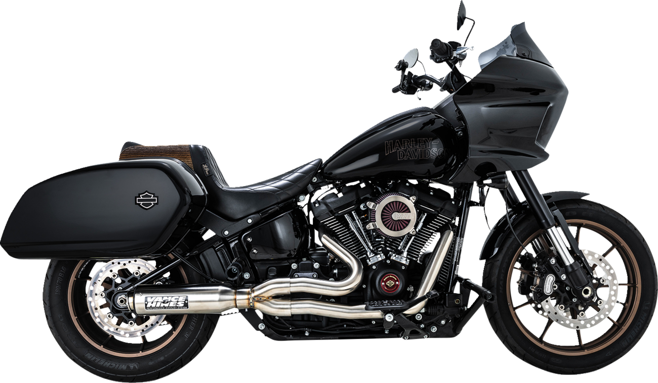 VANCE & HINES Supersport 2-Into-1 exhaust system for Softail with brushed finish, showcasing the polished metal and sleek design.