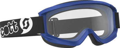 Scott Youth Agent Goggles in blue with clear lenses, featuring a secure strap and durable frame for young motocross riders.