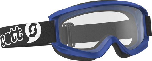 Scott Youth Agent Goggles in blue with clear lenses, featuring a secure strap and durable frame for young motocross riders.