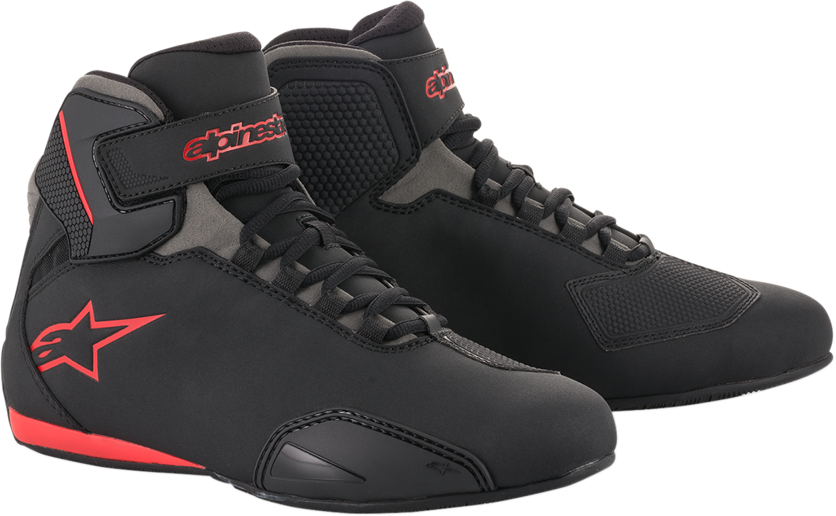 Alpinestars Sektor motorcycle shoes in black, gray, and red with white accents, US 7.5, featuring sporty design and branding.