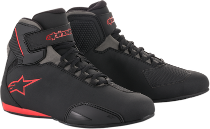 Alpinestars Sektor motorcycle shoes in black, gray, and red, US size 10.5, featuring durable design and sporty style.