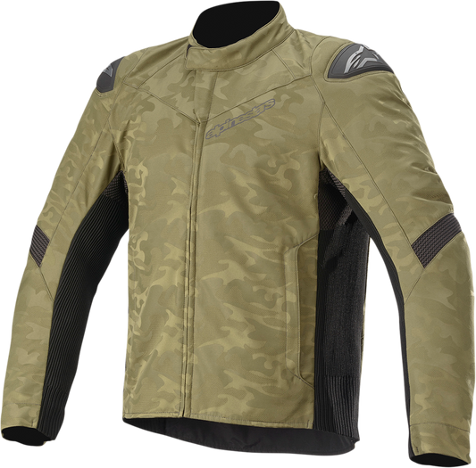 Alpinestars T SP-5 Rideknit jacket in green and camo, medium size, showcasing its stylish motorcycle jacket design.