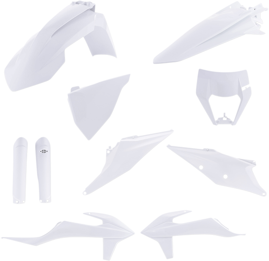 A white Acerbis full replacement body kit for motorcycles, featuring sleek, aerodynamic body panels.
