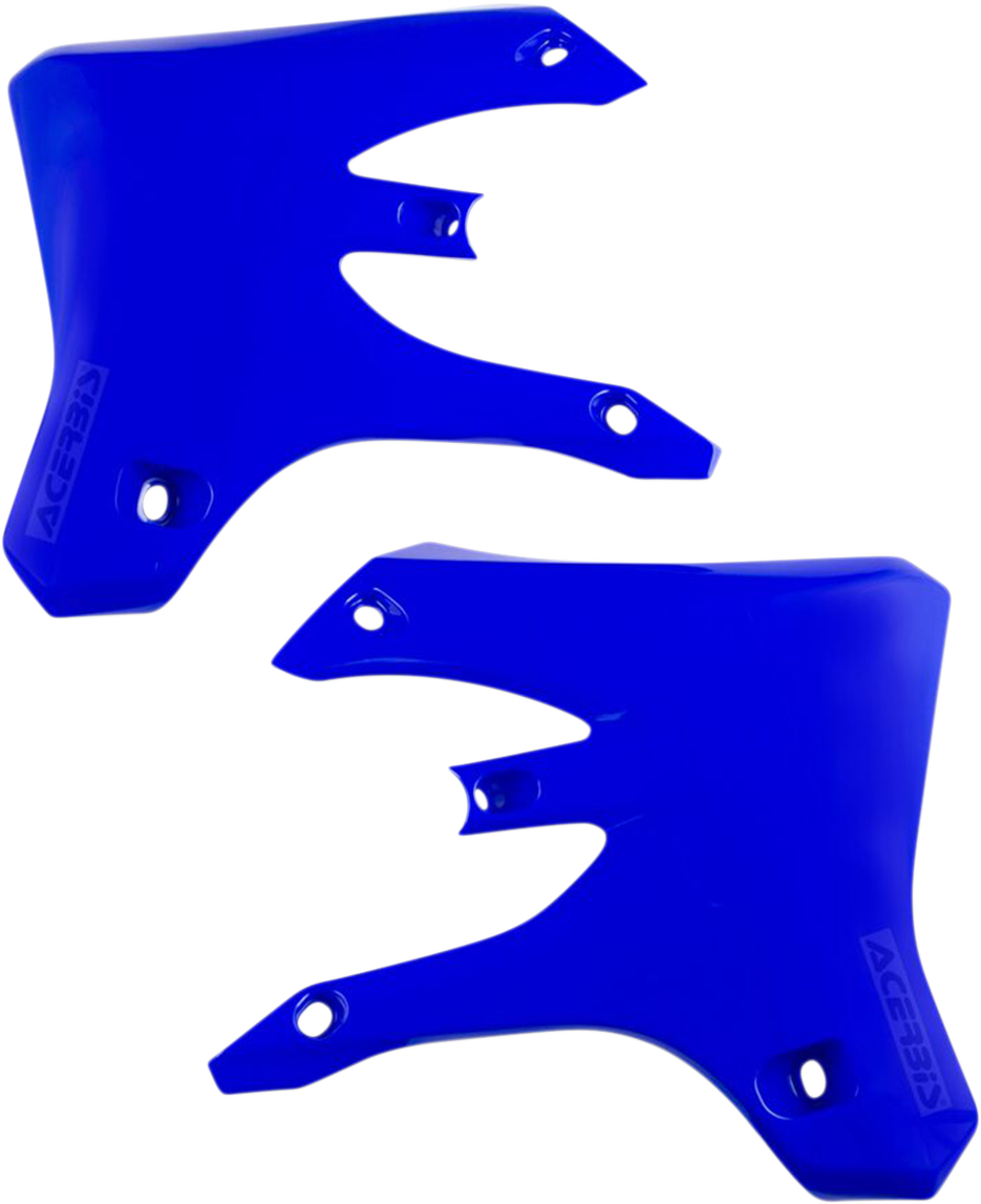 Acerbis YZ blue radiator shrouds for motocross bikes, featuring a sleek blue body design with mounting points for Yamaha YZ models.
