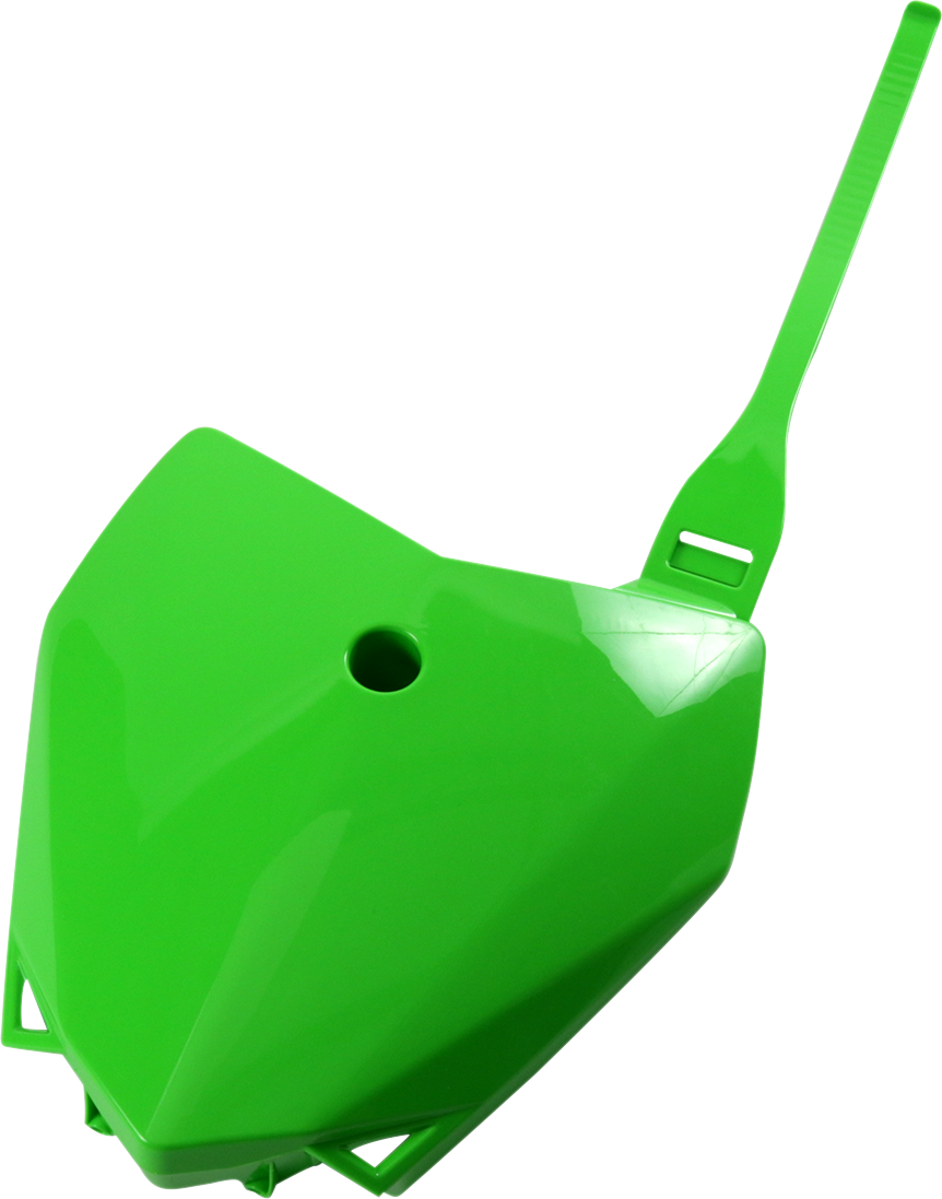 Green ACERBIS front number plate for motorcycle, featuring bold body style and mounting details, designed for durability and style.