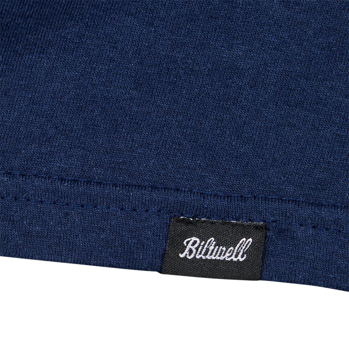 Navy BILTWELL Script T-Shirt in medium size with white logo on front, casual fit, made by Bill's Exhausts.