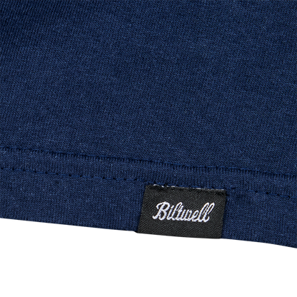 Navy BILTWELL Script T-Shirt in medium size with white logo on front, casual fit, made by Bill's Exhausts.