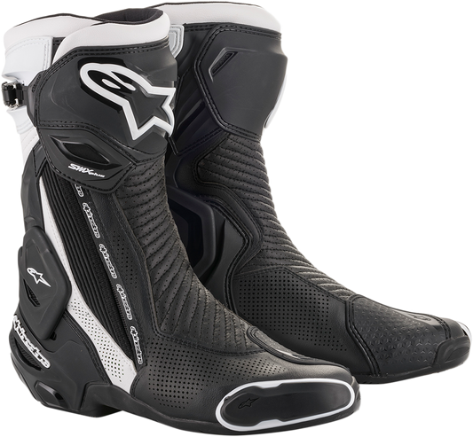 Alpinestars SMX+ vented motorcycle boots in black and white, US 6 / EU 39, with protective design and reinforced sole.