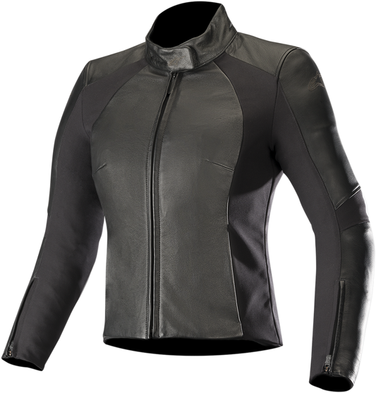 Black Alpinestars Stella Vika v2 women's jacket with front zipper and collar, shown on a hanger.