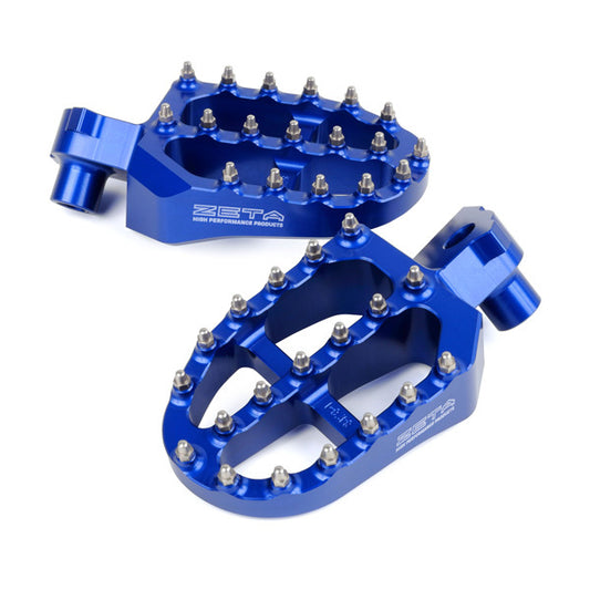 ZETA aluminum footpegs for motocross bikes in blue, featuring ZETA ZE93-1623 part number, designed for MX motorcycle performance.