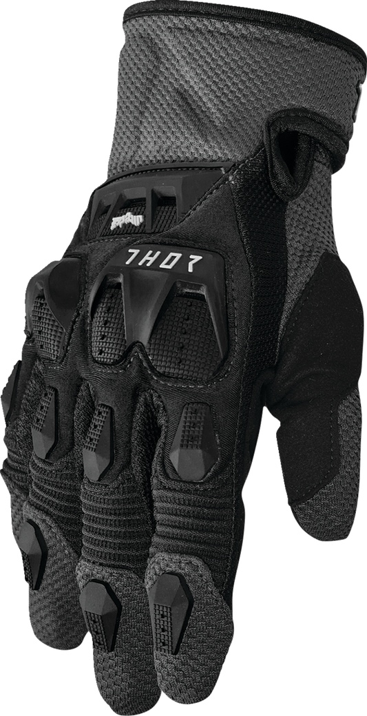THOR Terrain gloves in black and charcoal with durable mesh and airprene construction, suitable for motocross riding.