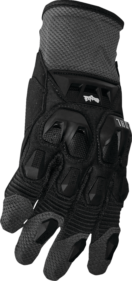 Black and charcoal THOR Terrain gloves with durable mesh and airprene construction, designed for motorcycle riding.
