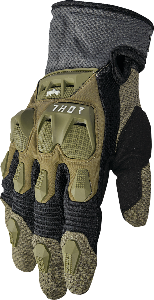 THOR Terrain Army/Charcoal Large gloves with textured grip, durable construction, designed for outdoor and tactical activities.