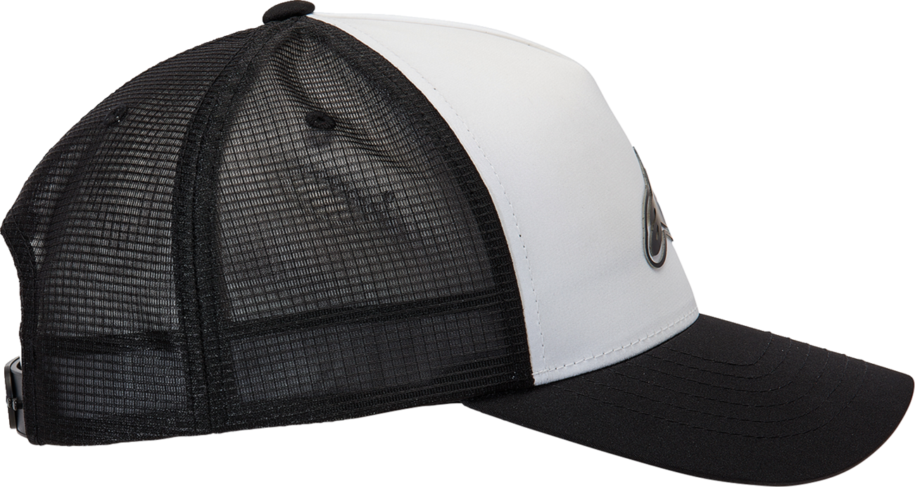 Bill's Exhausts Alpinstars Delivery Trucker Hat in white and black with a curved brim and adjustable snapback closure.