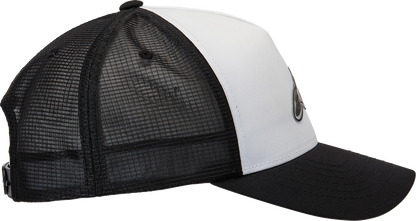 Bill's Exhausts Alpinstars Delivery Trucker Hat in white and black with a curved brim and adjustable snapback closure.