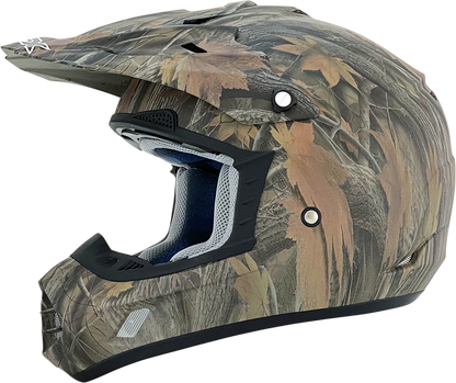 Bill's Exhausts AFX FX-17 helmet in camo, XS size, showcasing a stylish military pattern and aerodynamic helmet design.