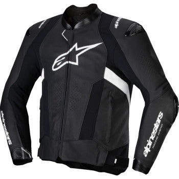 Alpinestars Missile v3 leather motorcycle jacket in black and white, US 42 / EU 52, featuring protective armor and stylish design.