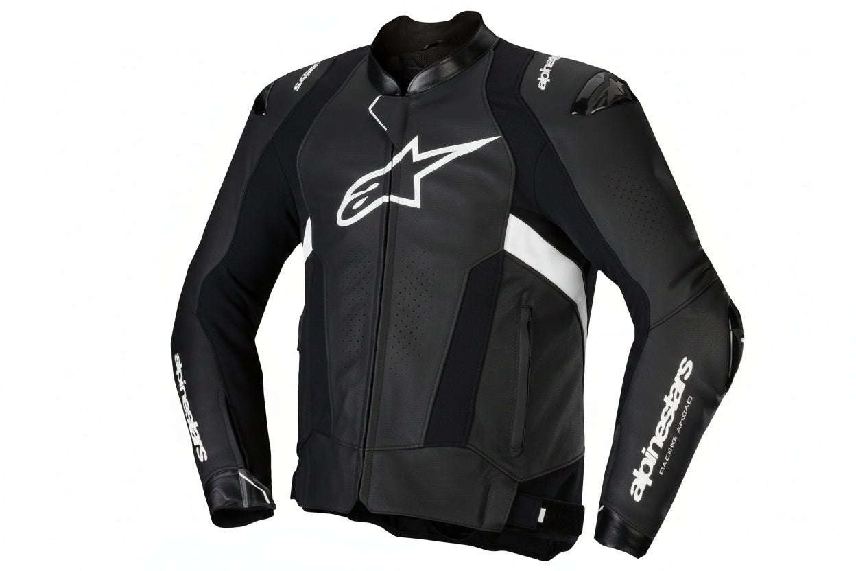 Alpinestars Missile v3 leather motorcycle jacket in black and white, US 38 / EU 48, with padded armor and sleek design.