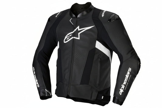 Alpinestars Missile v3 leather motorcycle jacket in black and white, US 38 / EU 48, with padded armor and sleek design.