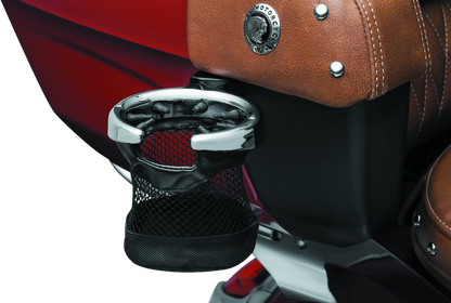 Kuryakyn passenger drink holder on right side for Indian Touring motorcycle, mounted on handlebar.