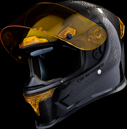 Bill's Exhausts ICON Airframe Pro™ helmet in yellow, carbon 4Tress design, 2XL size, showing the sleek helmet exterior.