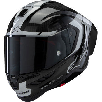 Alpinestars Supertech R10 motorcycle helmet in carbon, silver, and black with medium size, featuring aerodynamic design and ventilation.