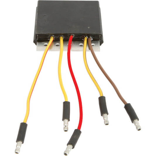 QuadBoss voltage regulator for Polaris Magnum 325 and Sportsman 335, showing the black rectangular component with wiring.