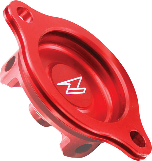 Red ZETA oil filter cover ZE90-1023 with sleek design, enhancing motorcycle performance and style.