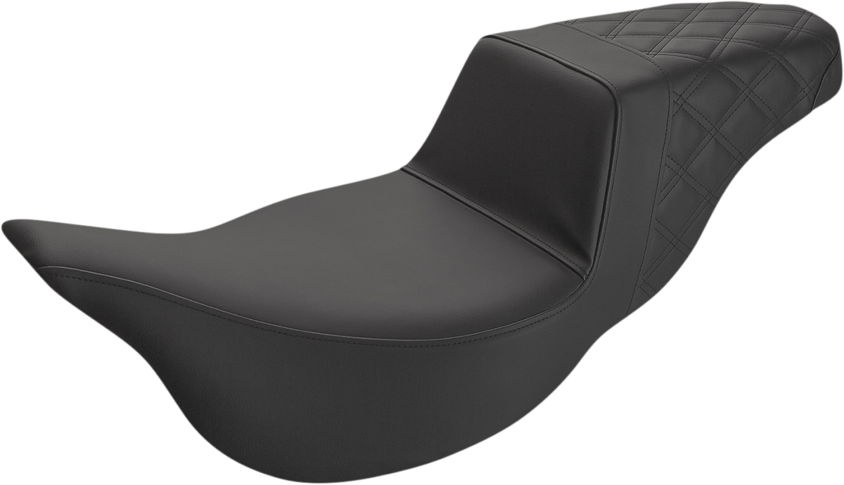 Black SADDLEMEN Step-Up Seat with extended reach and rear lattice stitch for Harley FL models 2008-2023, by Bill's Exhausts.