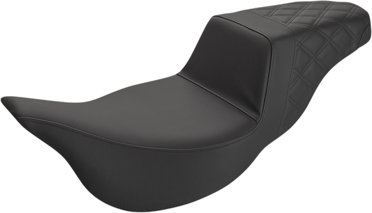 Black SADDLEMEN Step-Up Seat with extended reach and rear lattice stitch for Harley FL models 2008-2023, by Bill's Exhausts.