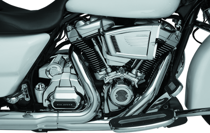 Chrome Kuryakyn Precision Transmission Shroud for Harley-Davidson motorcycles, part #6412, with detailed metallic finish.