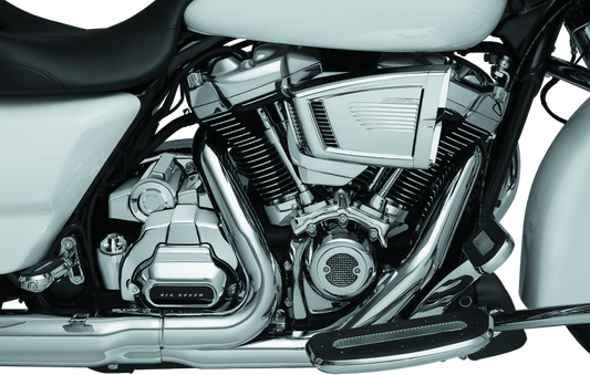 Chrome Kuryakyn Precision Transmission Shroud for Harley-Davidson motorcycles, part #6412, with detailed metallic finish.
