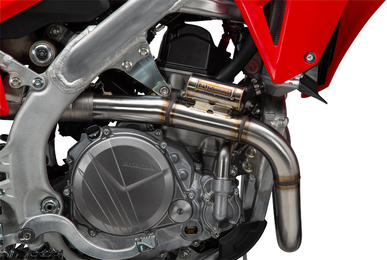 YOSHIMURA RS-12 motorcycle exhaust system for Honda CRF250R/RX, showcasing the high-performance exhaust upgrade with sleek metal finish.