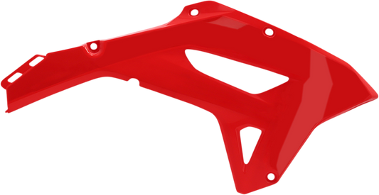 Red ACERBIS radiator shroud for motorcycle body, designed for Bill's Exhausts, with sleek aerodynamic shape and mounting points.