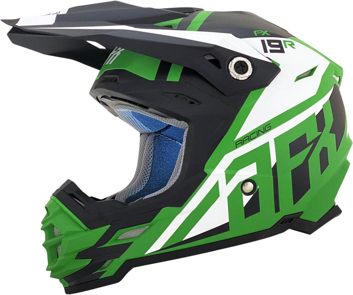 Bill's Exhausts AFX FX-19R racing helmet in matte green, medium size with aerodynamic design and racing features.
