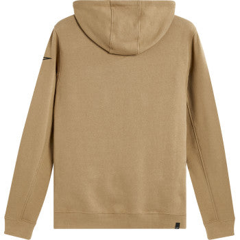 Alpinestars Assured Hoodie in sand color, large size, featuring a casual fit and logo, displayed on a hanger.