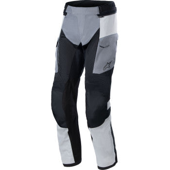 Alpinestars Andes Air Drystar® motorcycle pants in ice gray, dark gray, and black, size XL, with protective knee pads and reinforced fabric.