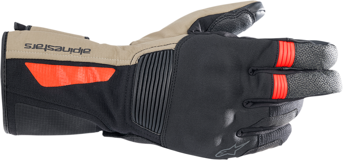 Alpinestars Denali Aerogel Drystar® Gloves in black, dark khaki, and fluo red, medium size, with protective design and textured fingertips.