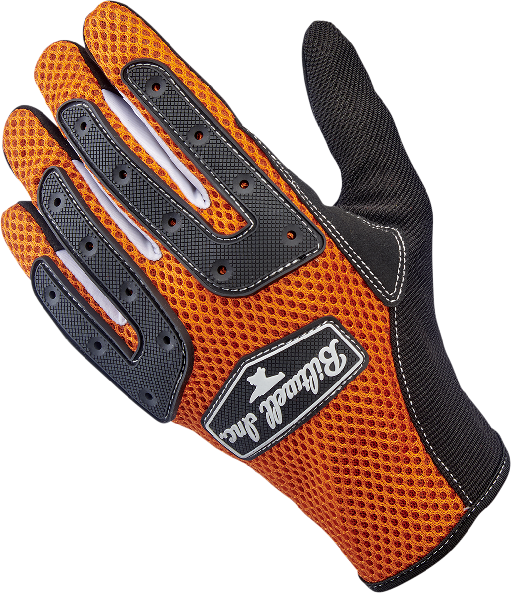 Orange BILTWELL Anza Gloves in 2XL size, featuring durable material and detailed stitching, designed for motorcycle riding comfort.