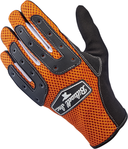 Orange BILTWELL Anza Gloves in 2XL size, featuring durable material and detailed stitching, designed for motorcycle riding comfort.